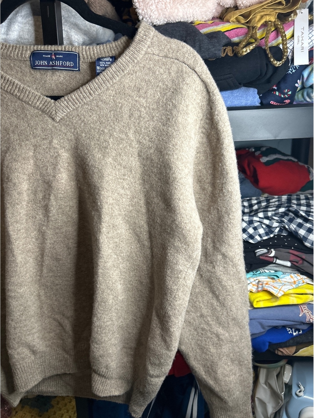John Ashford 100% Pure New Wool V-Neck Sweater Beige Medium